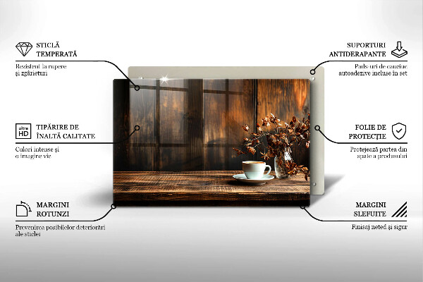 Placă din sticla protectie plita ceașcă de cafea și lemn