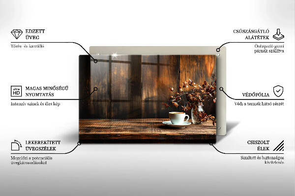 Placă din sticla protectie plita ceașcă de cafea și lemn