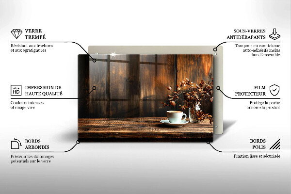 Placă din sticla protectie plita ceașcă de cafea și lemn