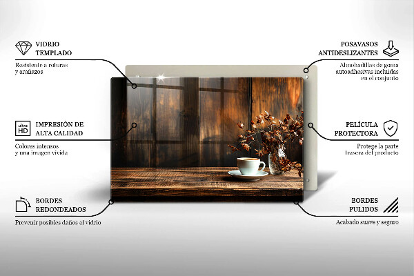 Placă din sticla protectie plita ceașcă de cafea și lemn