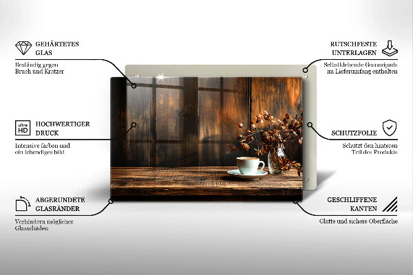 Placă din sticla protectie plita ceașcă de cafea și lemn