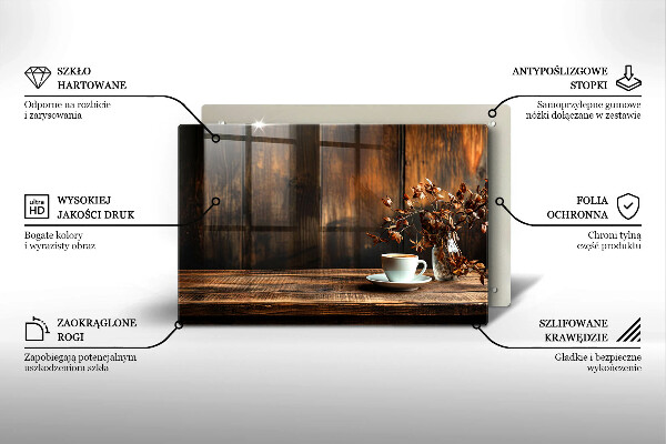 Placă din sticla protectie plita ceașcă de cafea și lemn