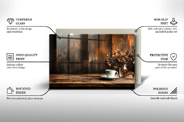 Placă din sticla protectie plita ceașcă de cafea și lemn