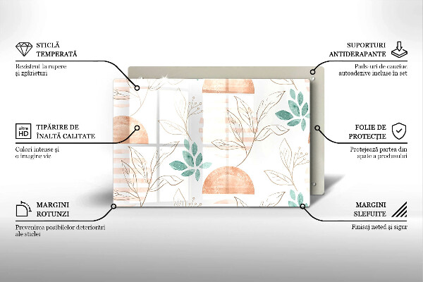 Placă sticla protectie aragaz Model de frunze Boho