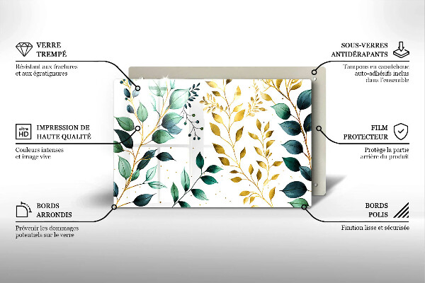 Placă din sticla protectie plita Frunze verzi și aurii