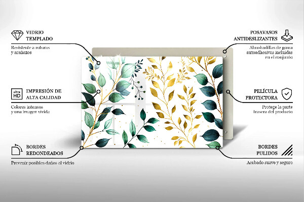 Placă din sticla protectie plita Frunze verzi și aurii