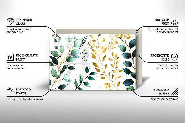 Placă din sticla protectie plita Frunze verzi și aurii
