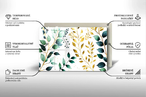 Placă din sticla protectie plita Frunze verzi și aurii