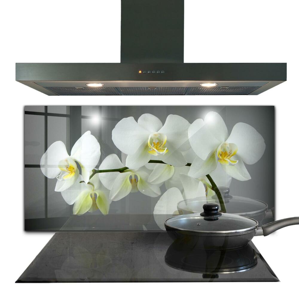 Sticlă printata bucătărie Orhidee albă pe fundal negru