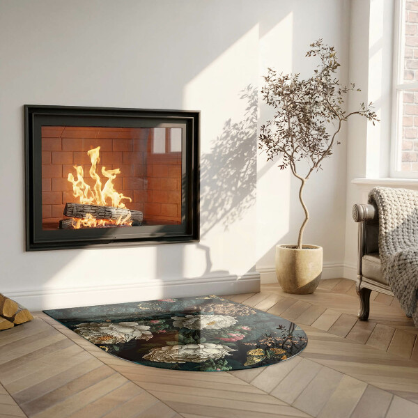 Semiovală sticlă securizată de protecție sub sobă Model floral cu fluturi