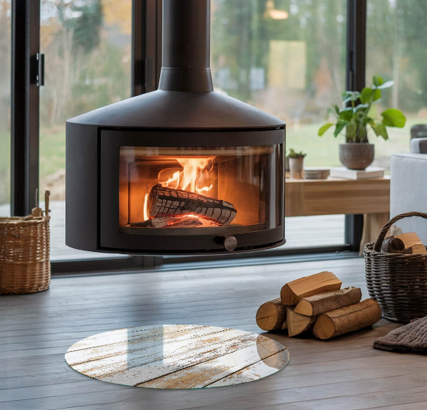 Rotundă sticlă sub șemineu Placă de lemn deteriorată