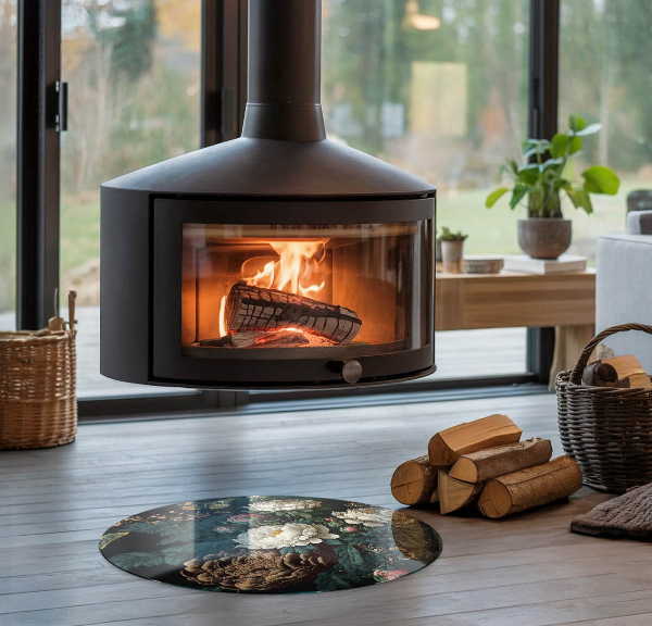 Rotundă sticlă securizată de protecție sub sobă Model floral cu fluturi