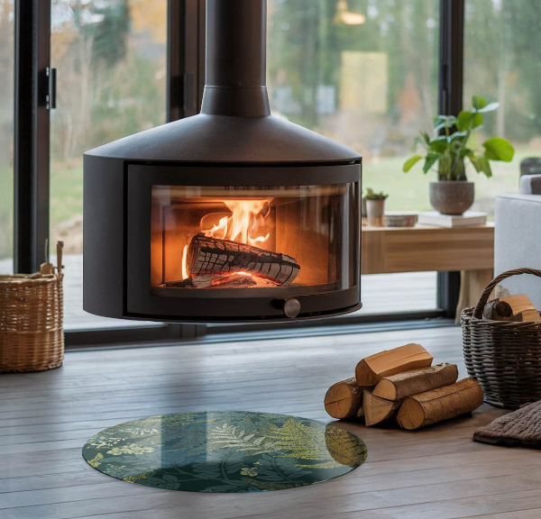 Rotundă placă de sticlă pentru șemineu Motive vegetale cu fluturi