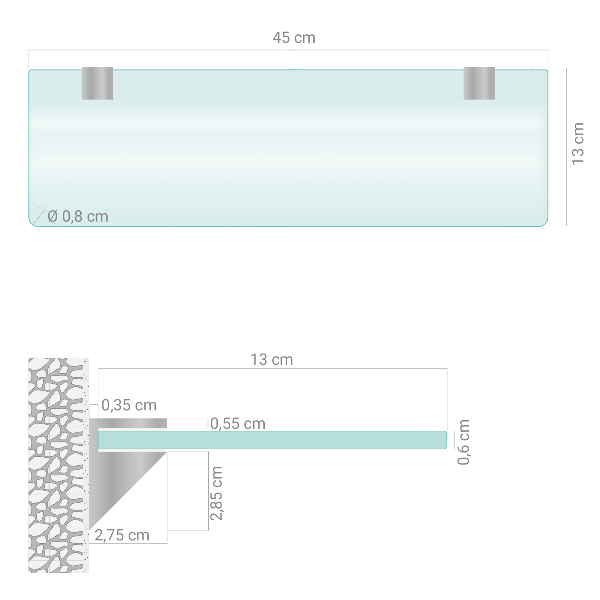 Raft din sticlă translucidă cu dimensiunile 45x13 cm