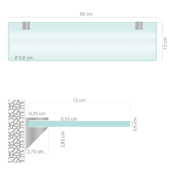 Raft din sticlă translucidă cu dimensiunea 50x13 cm