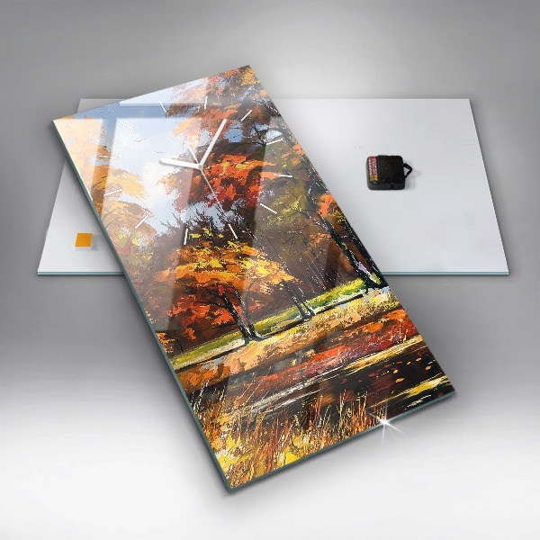Ceas vertical de perete din sticlă Peisaj de toamnă cu un râu
