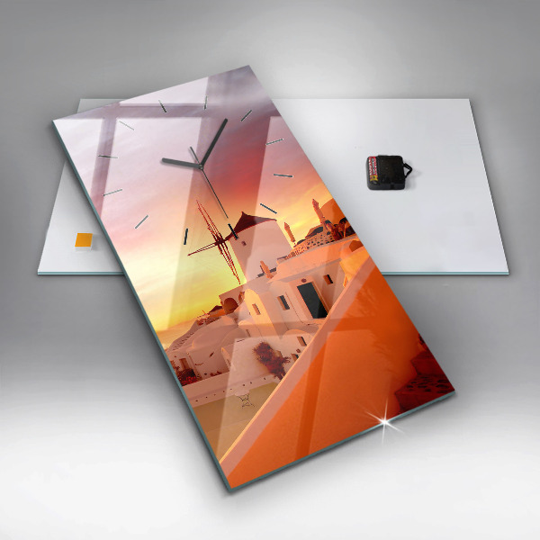 Ceas vertical de perete din sticlă Veche moară de vânt din Santorini