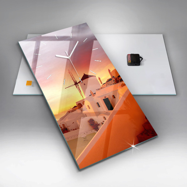 Ceas vertical de perete din sticlă Veche moară de vânt din Santorini