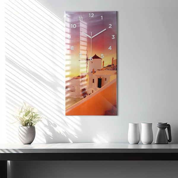 Ceas vertical de perete din sticlă Veche moară de vânt din Santorini