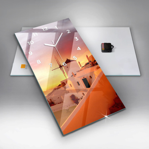 Ceas vertical de perete din sticlă Veche moară de vânt din Santorini