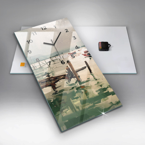 Ceas vertical de perete din sticlă Barci de pescuit in port