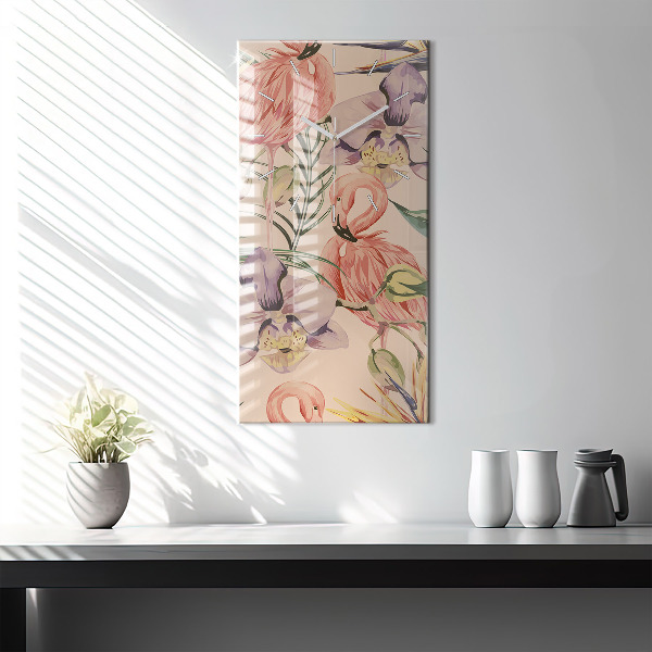 Ceas vertical de perete din sticlă Frunze de palmier tropical