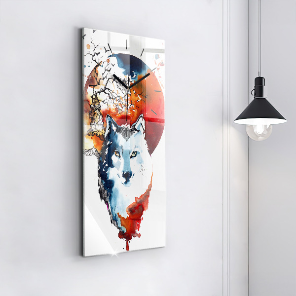 Ceas vertical de perete din sticlă Lupul și Luna Plină