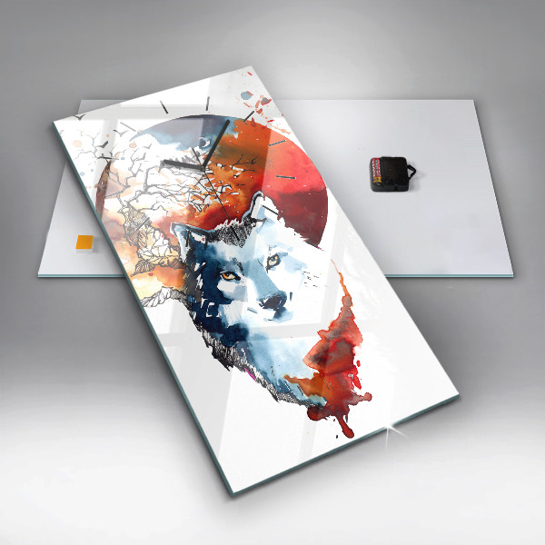 Ceas vertical de perete din sticlă Lupul și Luna Plină