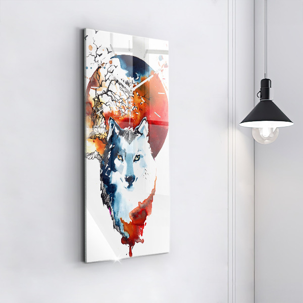 Ceas vertical de perete din sticlă Lupul și Luna Plină