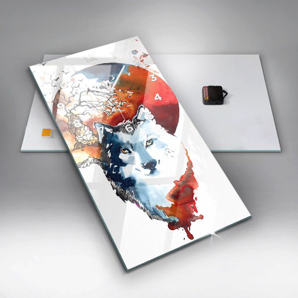 Ceas vertical de perete din sticlă Lupul și Luna Plină