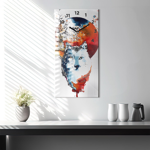 Ceas vertical de perete din sticlă Lupul și Luna Plină