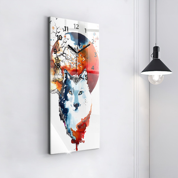Ceas vertical de perete din sticlă Lupul și Luna Plină