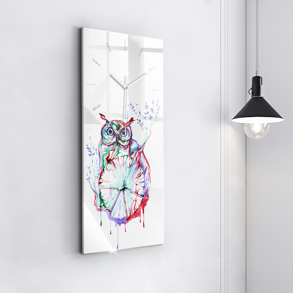 Ceas vertical de perete din sticlă Ilustrație cu bufnițe și ceas