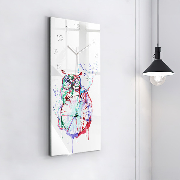 Ceas vertical de perete din sticlă Ilustrație cu bufnițe și ceas