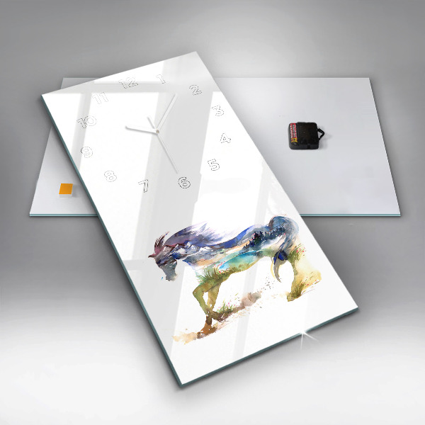 Ceas vertical de perete din sticlă Munți pictați și cal