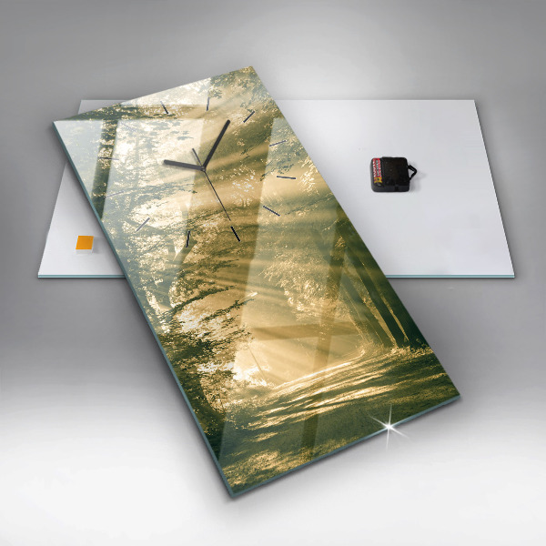 Ceas vertical de perete din sticlă Raze de soare din pădure