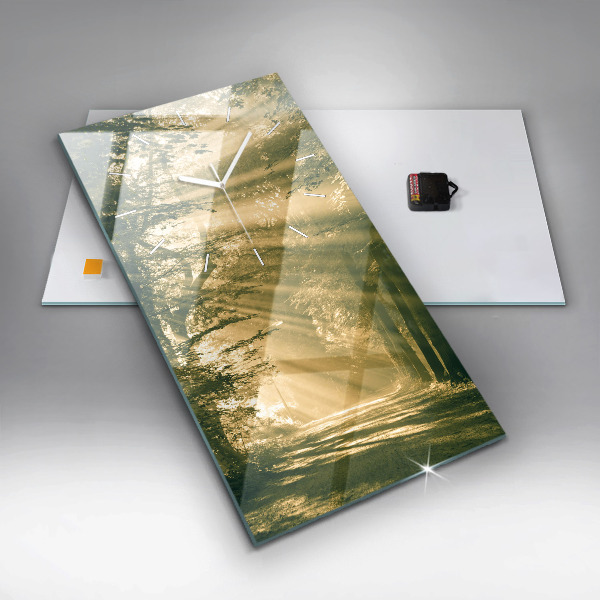 Ceas vertical de perete din sticlă Raze de soare din pădure