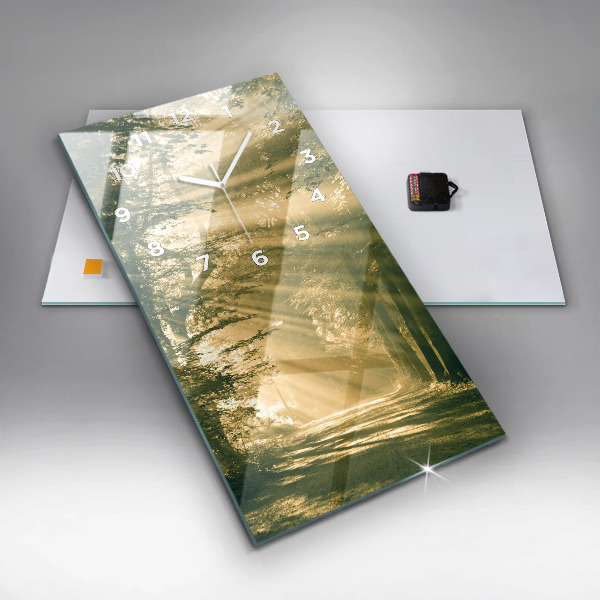 Ceas vertical de perete din sticlă Raze de soare din pădure