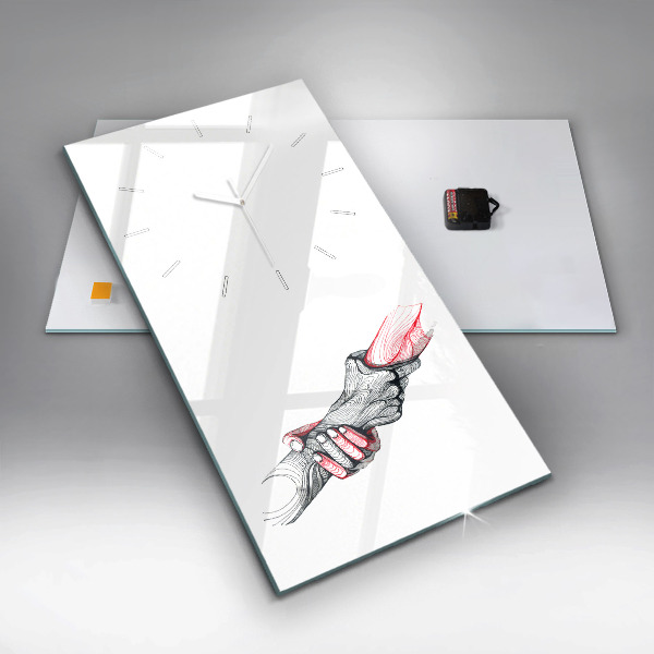 Ceas vertical de perete din sticlă ținându-se de mână