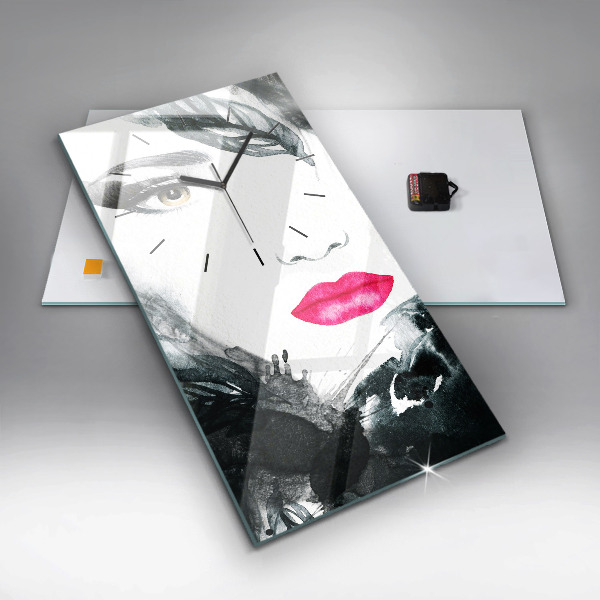 Ceas vertical de perete din sticlă Portret de femeie cu buze roșii