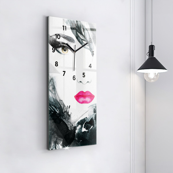 Ceas vertical de perete din sticlă Portret de femeie cu buze roșii