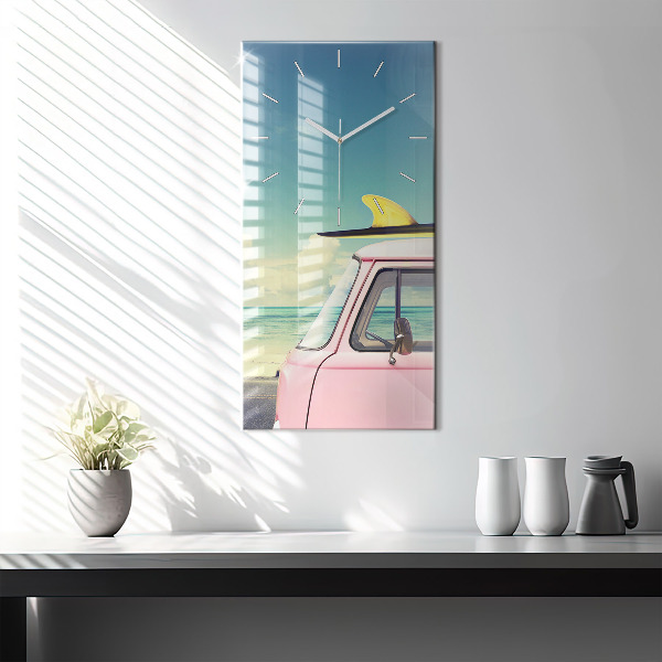 Ceas vertical de perete din sticlă Mașină cu o placă de surf