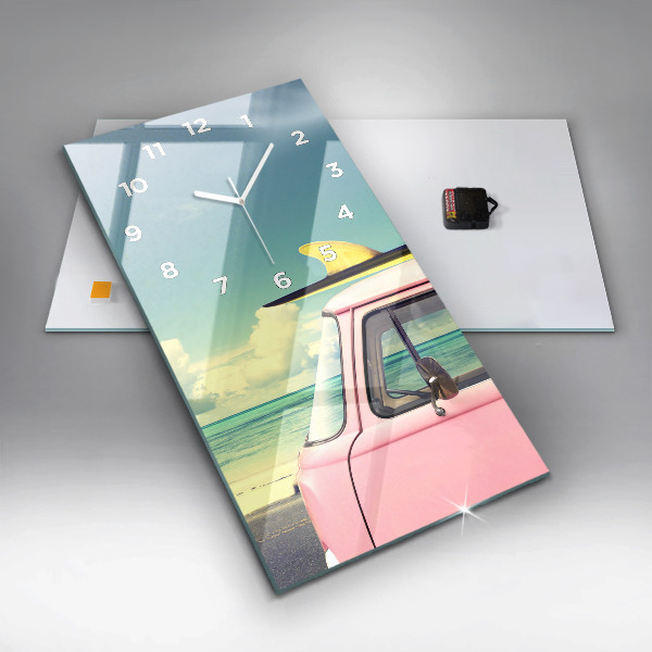 Ceas vertical de perete din sticlă Mașină cu o placă de surf