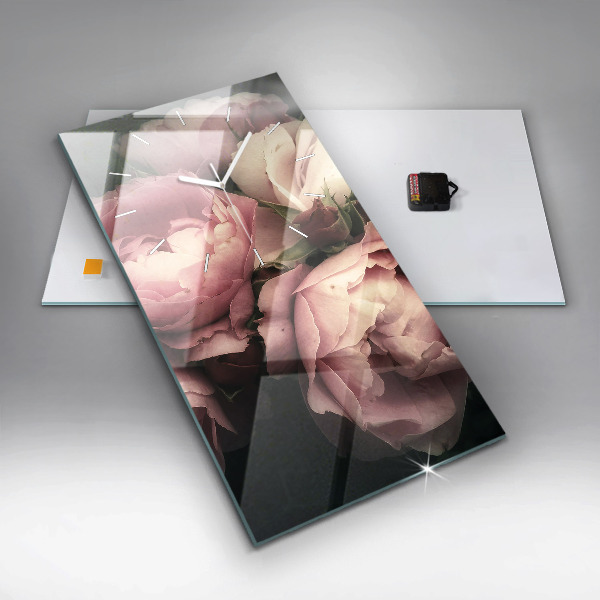 Ceas vertical de perete din sticlă Buchet de trandafiri roz