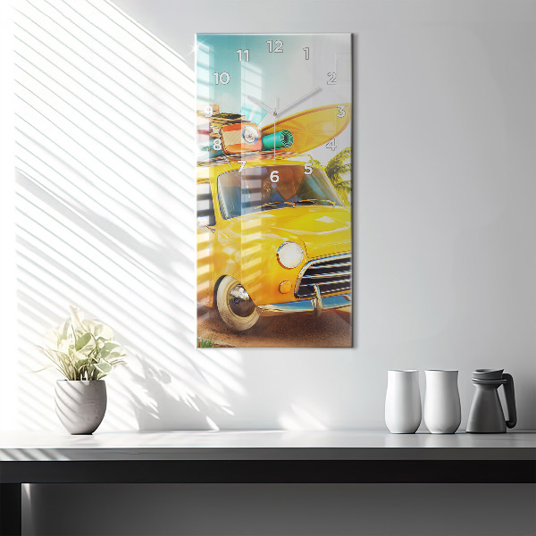 Ceas vertical de perete din sticlă Mașină cu o placă de surf
