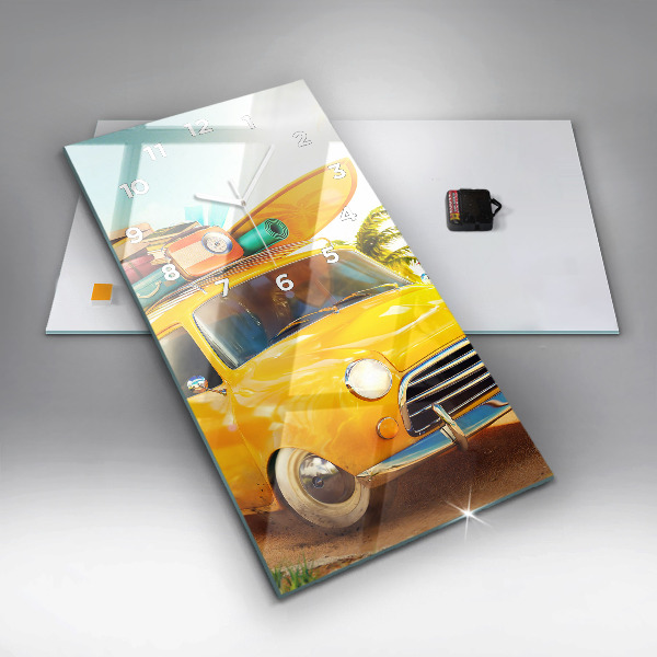 Ceas vertical de perete din sticlă Mașină cu o placă de surf