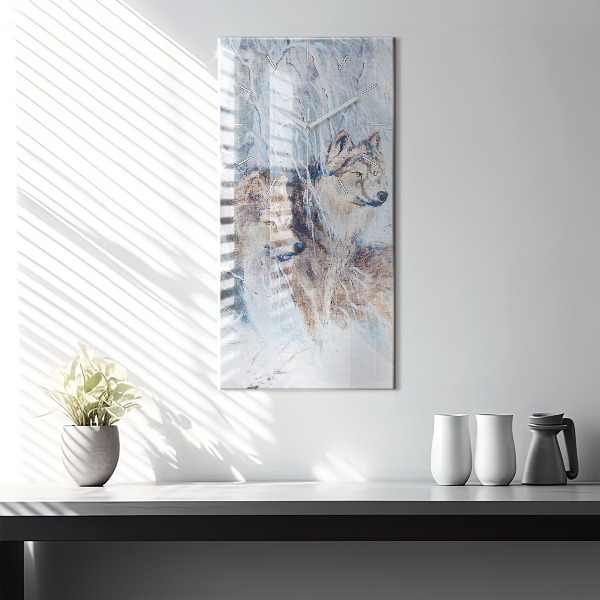 Ceas vertical de perete din sticlă Lupi în pădure