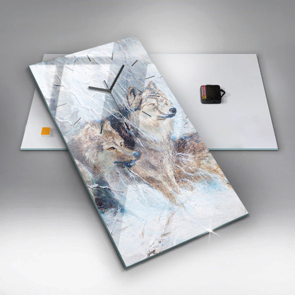 Ceas vertical de perete din sticlă Lupi în pădure