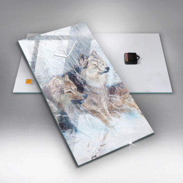 Ceas vertical de perete din sticlă Lupi în pădure