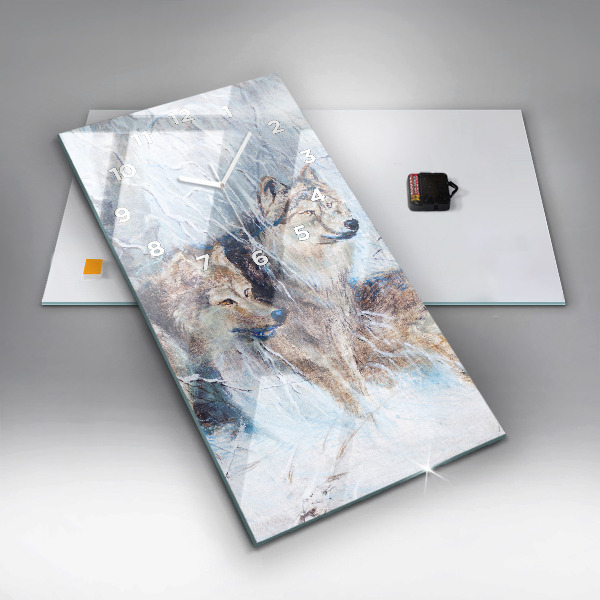 Ceas vertical de perete din sticlă Lupi în pădure